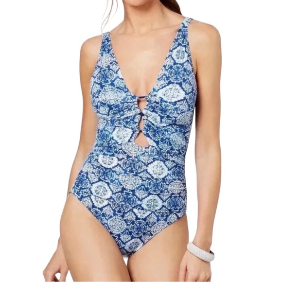 LAUREN Ralph Lauren Aegean Tile Loop Front Over The Shoulder One-Piece Swimsuit - Picture 11 of 14